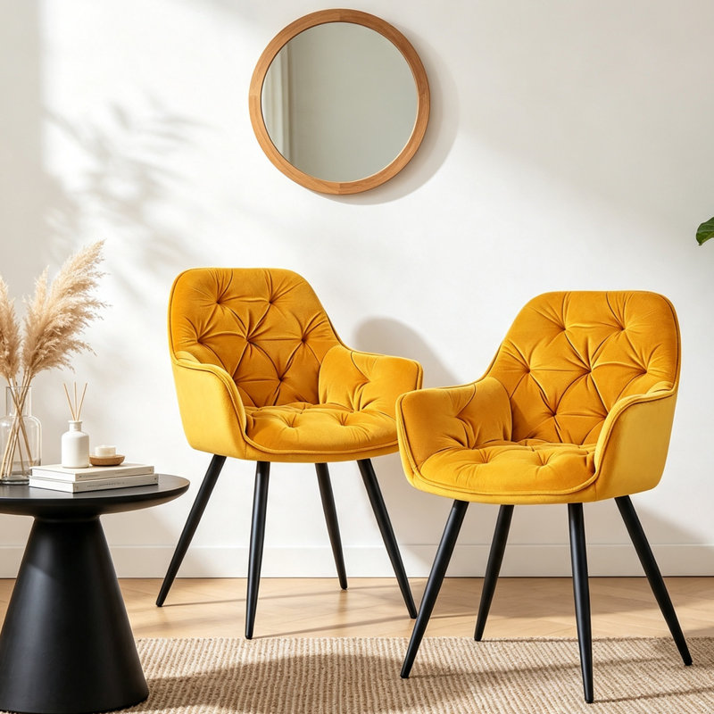 Velvet Tufted Upholstered Armchair Runge 50cm H, Yellow