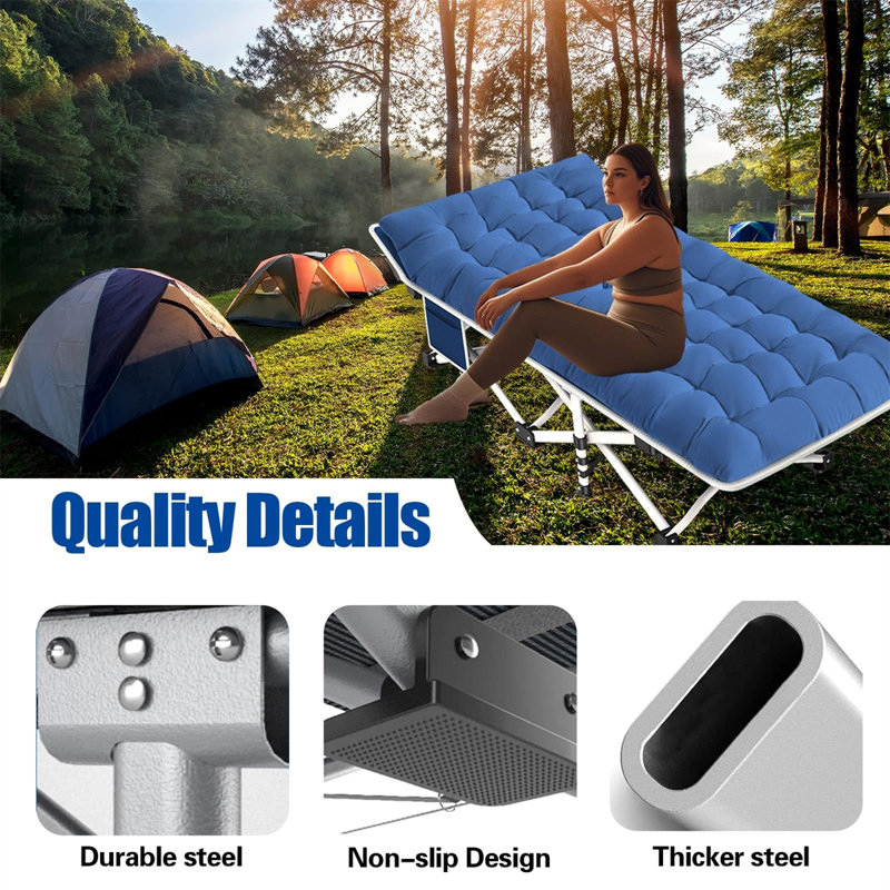 Blue Heavy Duty Folding Camping Cot with Thick Pad