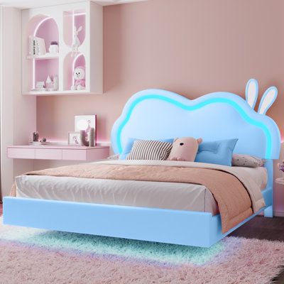 Zoomie Kids Full Floating Bed Frame with Adjustable LED Headboard, Upholstered Platform Bed, Blue