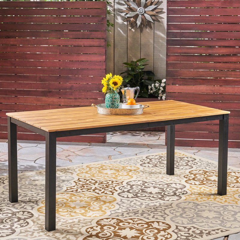 Élégante table basse de patio en bois avec supports en fer, cadre de salle à manger fait à la main 71,17 po x 34 po