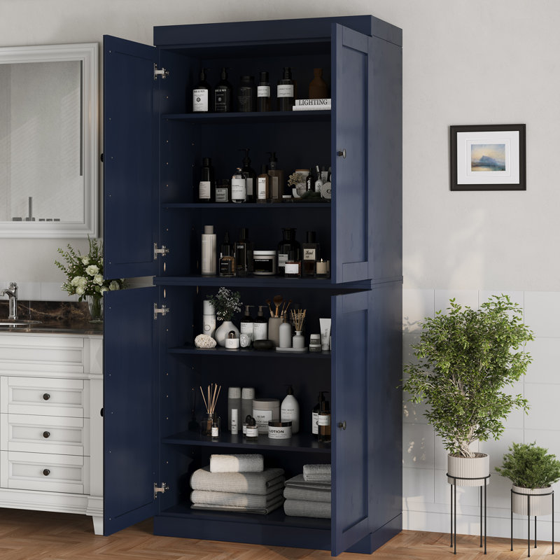 100% Solid Wood 32" Bathroom Storage Cabinet with Shaker Doors & Adjustable Shelves, Navy