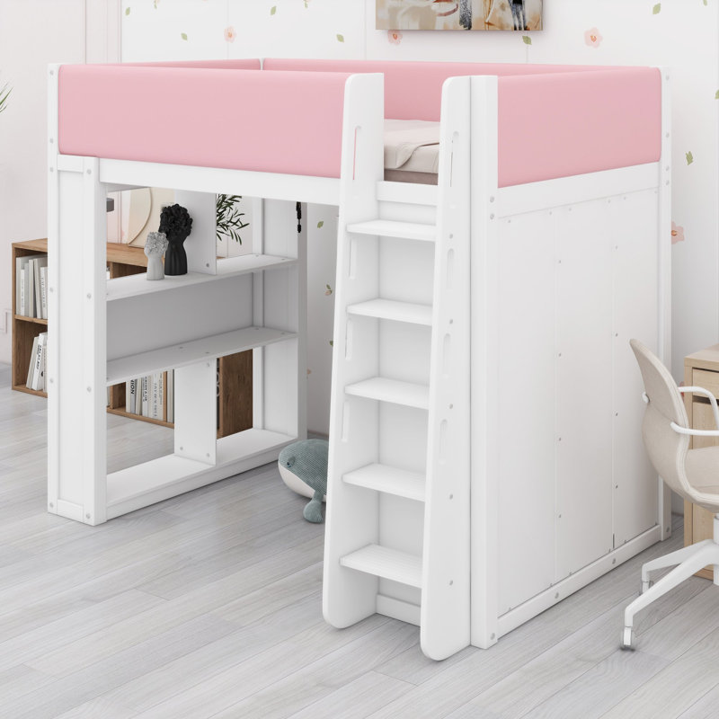 Lit mezzanine avec armoire, tiroirs et éclairage d'ambiance pour chambres peu encombrantes, Lit double, Blanc