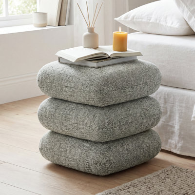 Square Linen Swivel Ottoman Footstool with Stacked Cushion Design for Living Room