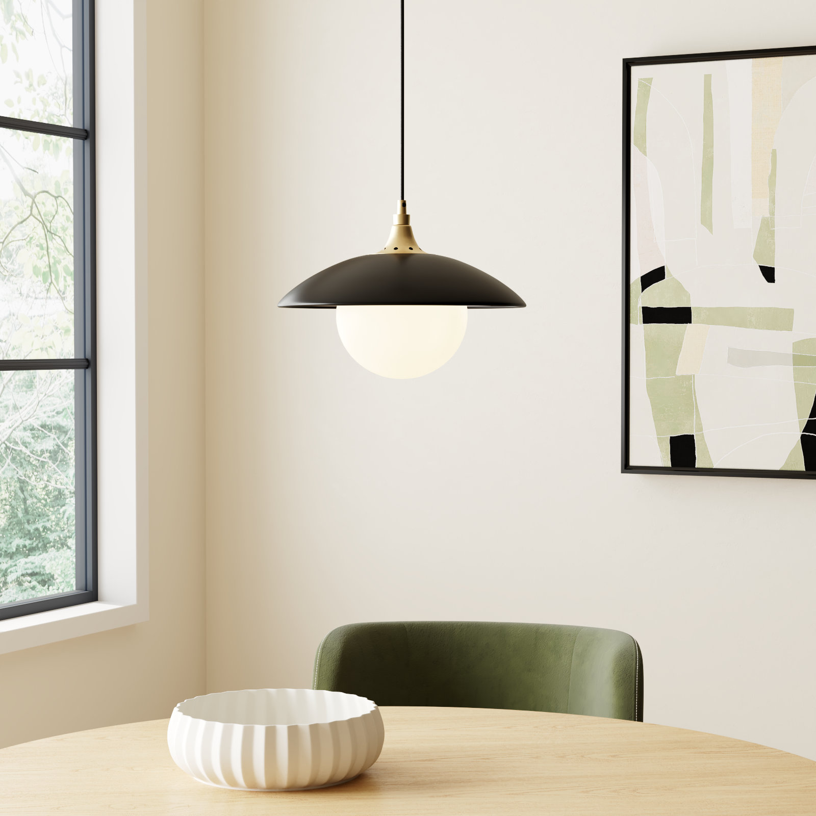 Morine Single Light Glass Pendant, Matte Black/Brass, White