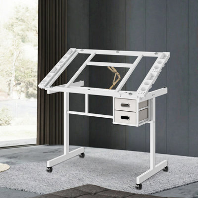 Table à dessin blanche ajustable pour les arts et l'artisanat avec 2 tiroirs en tissu, 4 roulettes - réglage du plateau de 0 à 70 degrés, tablette coulissante pour crayons de 61 cm, verre transparent, acier revêtu de poudre, roulettes anti-rayures.