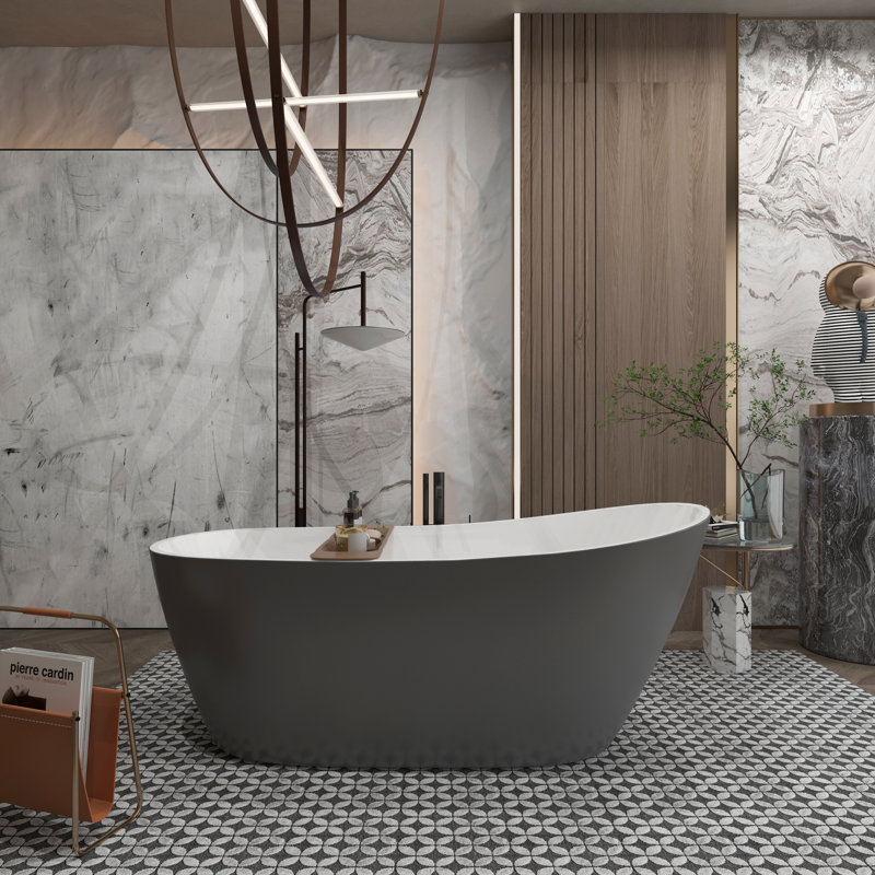 59" x 30" Free Standing Tub Matte Gray Acrylic Freestanding Bathtub Soaking Bath Tub A29