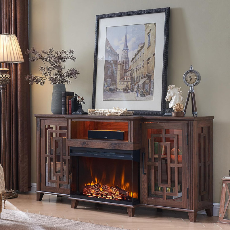 Tralee TV Stand for TVs up to 75" with 26" 3D Electric Fireplace Included, Brown