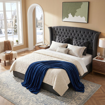 57.48" High Bed Frame with 2 Storage Drawers, Upholstered Velvet Headboard Platform Bed, Wingback Headboard, Button Tufted Bed, Metal Frame & Sprung Slats Support, No Box Spring Needed, Easy Assembly