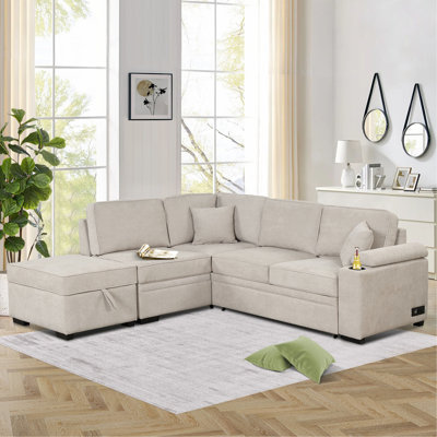 84.75" Sleeper Sofa Bed,2 In 1 Pull Out Sofa Bed L Shape Couch With Storage Ottoman For Living Room,Bedroom Couch And Small Apartment, Beige
