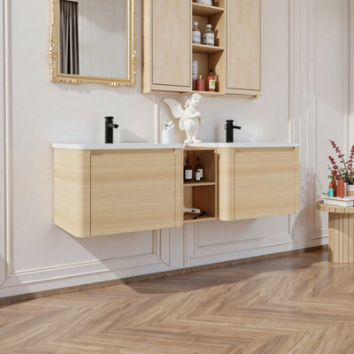 Meuble-lavabo mural 68 po avec lavabo en céramique et tablettes de rangement KD
