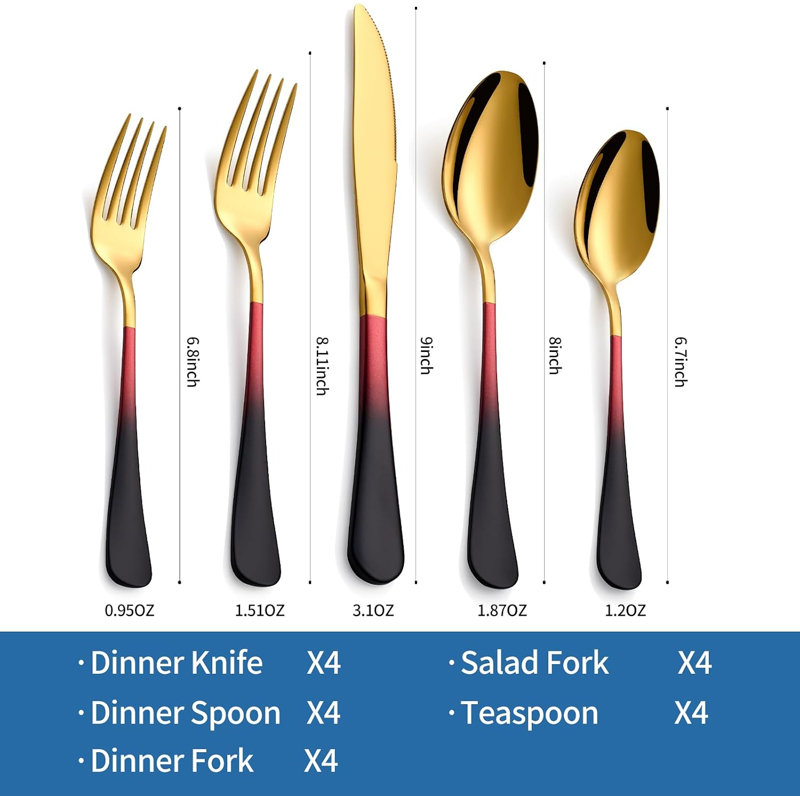 20-Pieces Gold Stainless Steel Black Red Handle Flatware Set