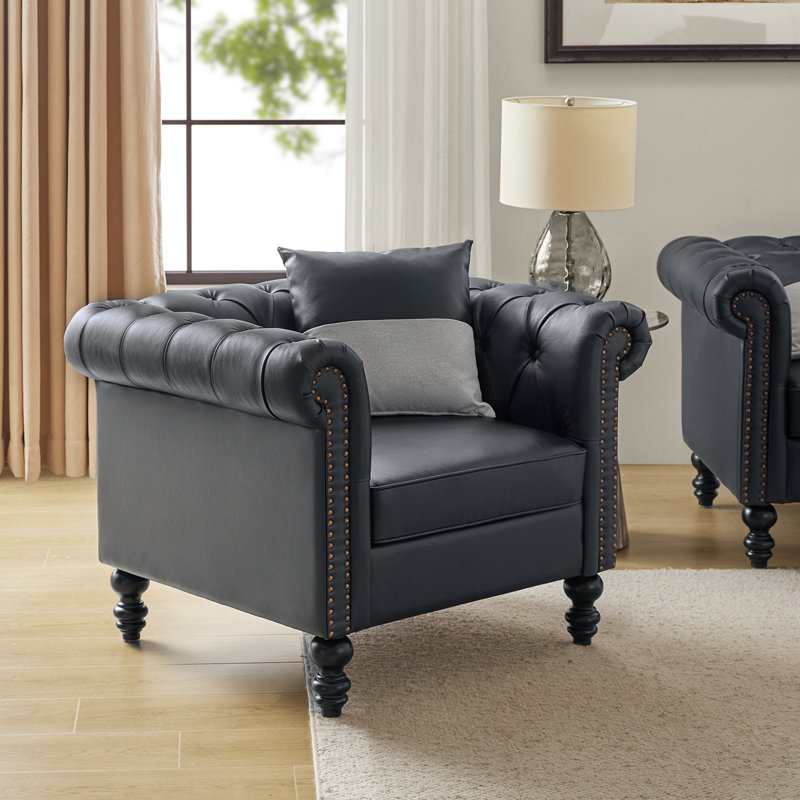 Fauteuil Chesterfield en similicuir avec pieds en bois massif Tecla, Similicuir bleu marine