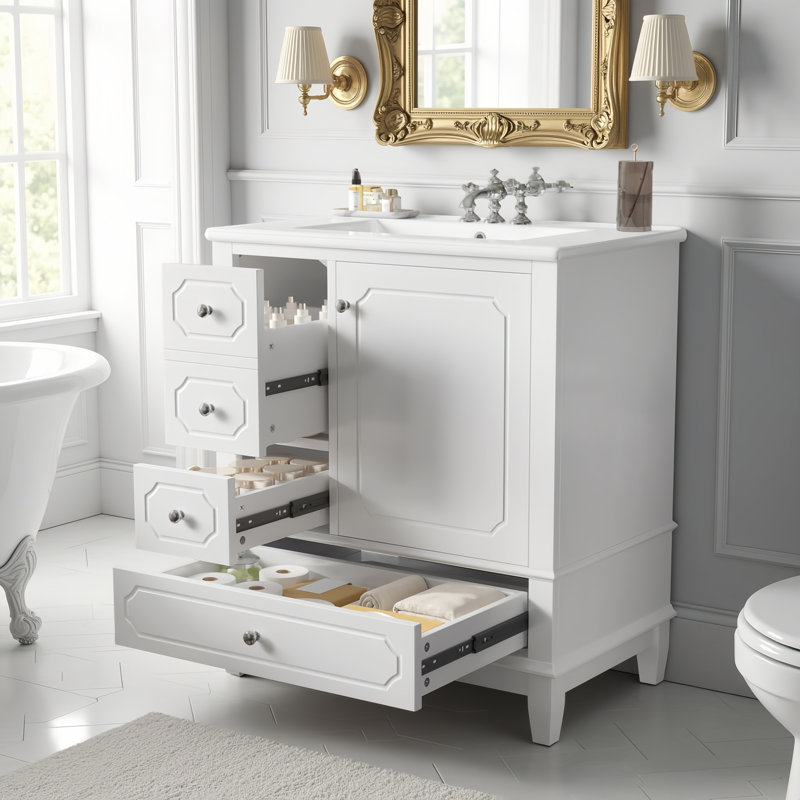 Ensemble de meuble-lavabo simple l 30 po avec lavabo en céramique, structure en bois massif, 3 tiroirs et armoire avec tablettes de porte