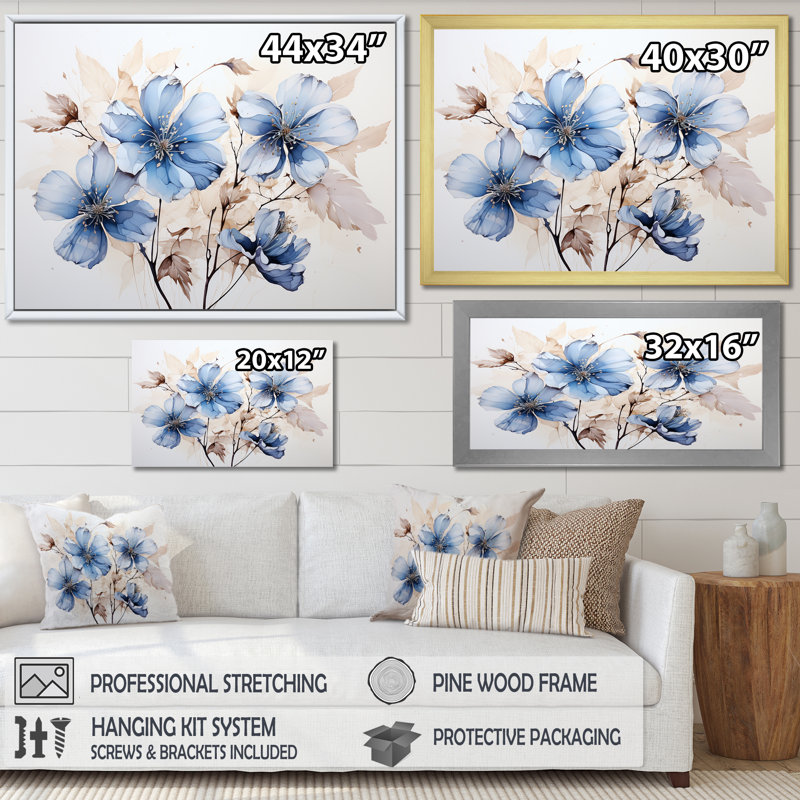«Blue and White Timeless Minimalisme Hibiscus» sur toile, Cadre flottant blanc, H 34 po x l 44 po