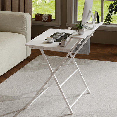 Bureau d'ordinateur pliable en forme de X avec tablette et poche latérale, table de bureau à 2 niveaux pour dortoirs et petits appartements, sans assemblage requis, blanc