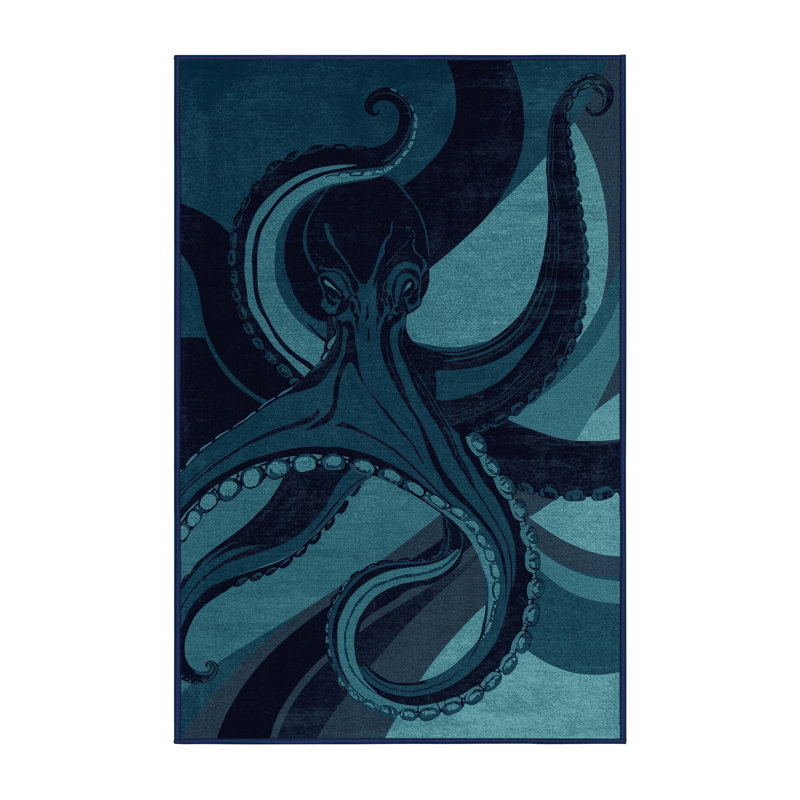 Soft Plush Tockington Octopus Modern Area Rug in Blue – Navy Binding, 5x7
