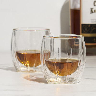 Viski Double-Walled Spirits Glasses, Insulated Liquor Tumblers With Cut Crystal Design, Dishwasher Safe 8.5 Oz, Clear, Set Of 2