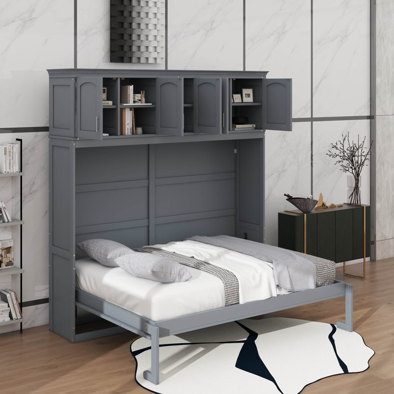 Grand lit escamotable avec armoires supérieures, Gris