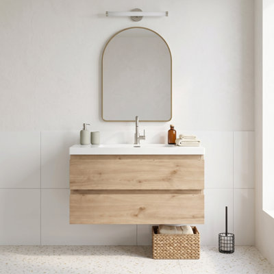 Meuble-lavabo suspendu de 76 cm (30 po) en mélamine en bois avec lavabo intégré en résine et carbonate de calcium, résistant à l'eau, entièrement assemblé