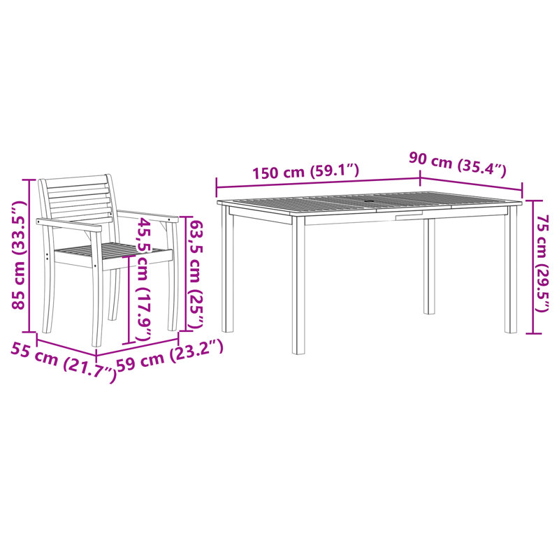 6 - Person Wood Patio Dining Set with, 75cm H x 150cm W x 90cm D, 6