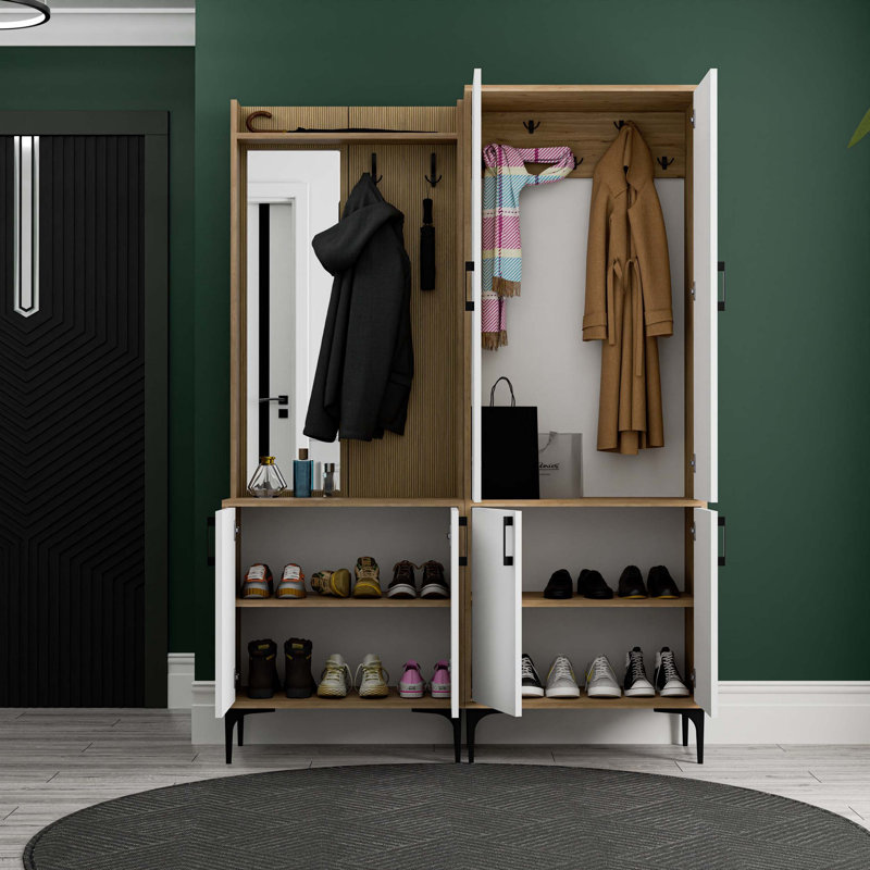 Élégant support de couloir avec support à suspendre, chêne et blanc, 27,6 po x 77,2 po x 13,8 po | Panneau de particules 100% mélaminé | Comprend de nombreuses tablettes, une conception murale et du rangement supplémentaire pour l'organisation à la maison