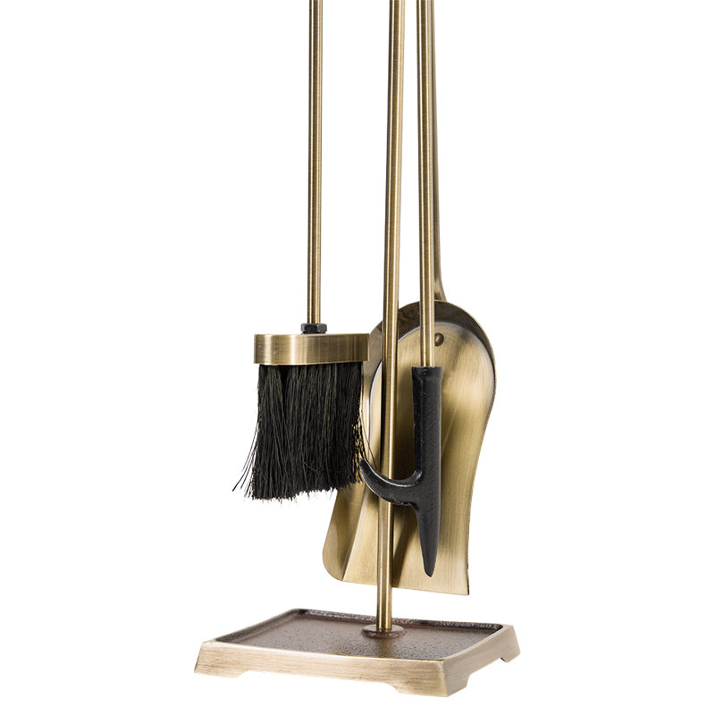Ensemble d'outils de foyer Modern Ember Harper - comprend brosse, pelle, tisonnier et support - acier, Laiton vieilli
