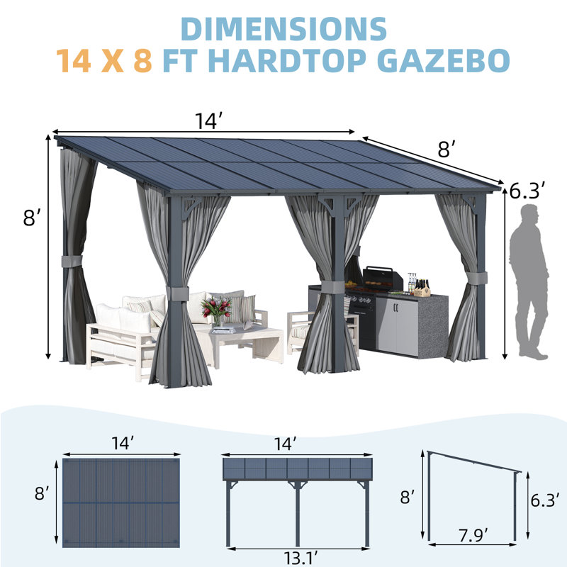 Lean-To Wall-Mounted Pergolas With Curtains And Netting, 96" H x 168" W x 96" D