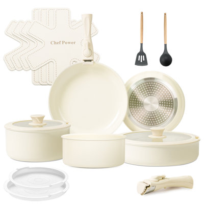 Chef Power 17 - Piece Ceramic Nonstick Cookware Set, Cream 