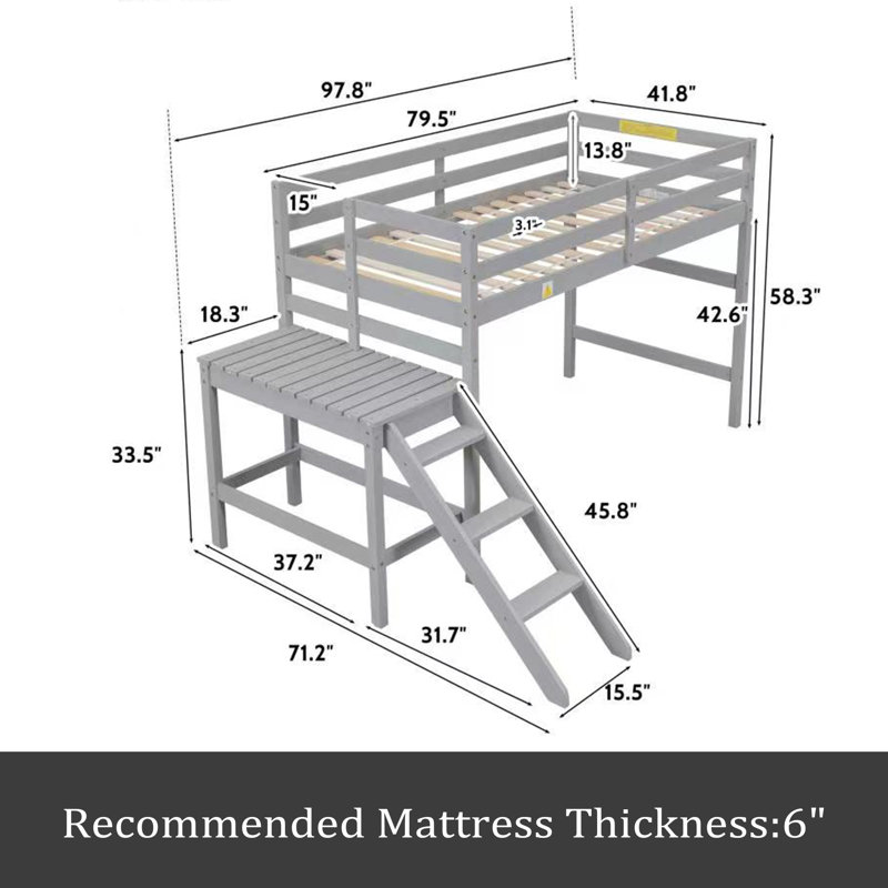 Lit mezzanine simple avec plateforme, échelle, Gris