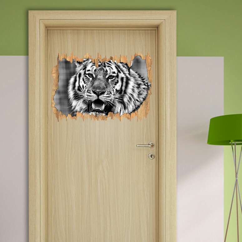 Wandtattoo Tiger mit offenem Maul in Monochrom