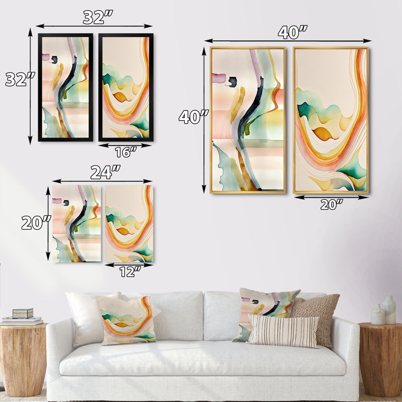 «Multi-Color Abstract Waves», 2 pièces sur toile, Encadrement doré, H 20 po x l 24 po