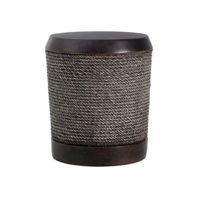 Outdoor Dark Brown Simulated Braided Cord MGO Side Table With Vintage Trim – Indoor Retro Cylindrical End Table For Home & Patio Decor