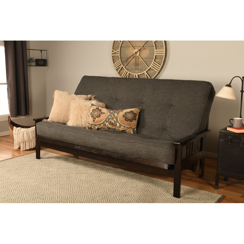 Johnte Queen 86" Futon Frame and Mattress, Linen Charcoal, Premium Pocket Coil, Espresso