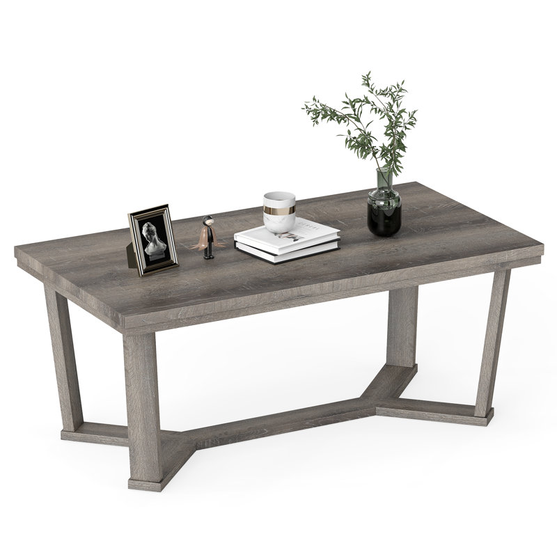  Coffee Table Solid Rubber Wood Center Table w/ Cross-Shaped Base Accent Table