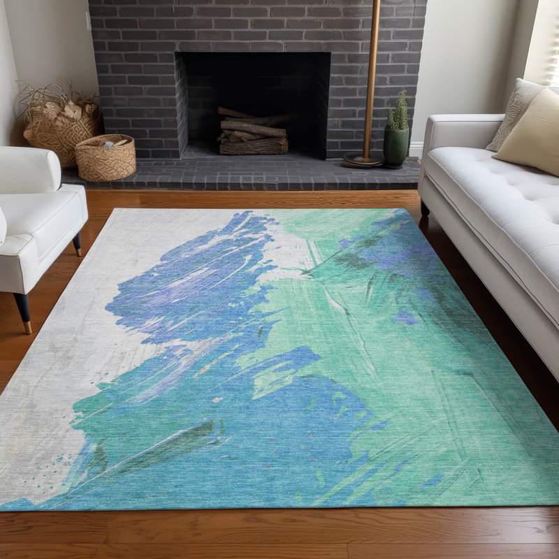 Machine Washable Indoor/Outdoor Xhevrie Seafoam Rug, Rectangle 9' x 12'
