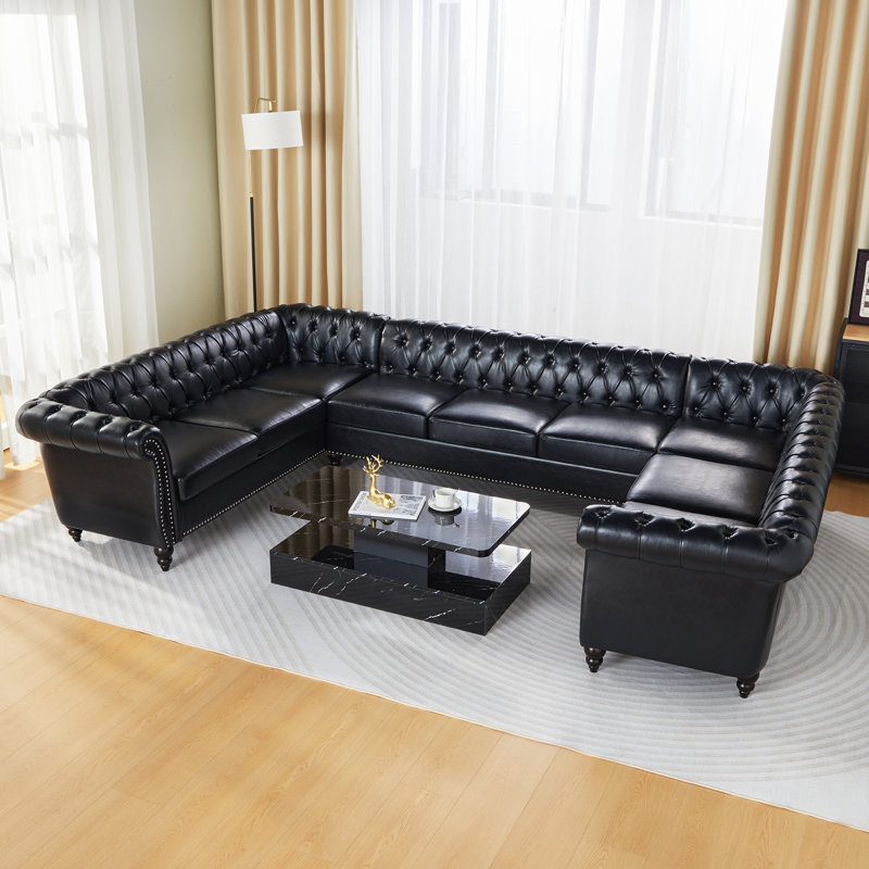 Vishaal Faux Leather U-Shaped Sectional Symmetrical, Black Faux Leather