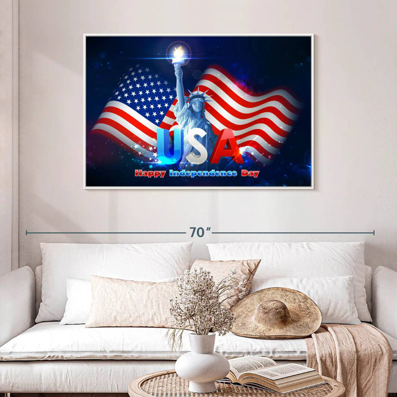 Statue de la liberté, drapeau des États-Unis, Cadre flottant blanc, 46 po x 31 po