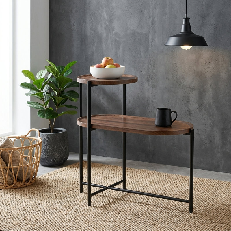 Petites tables basses Canapé moderne à 2 niveaux avec tablette de rangement et tables de bout en bois, Walnut Brown