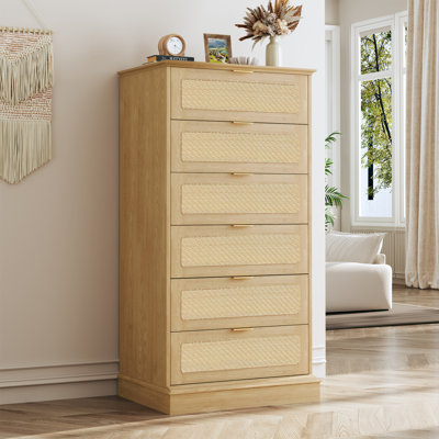 6-drawer Wood Chest 51" Vertical Tall Dresser Rattan Drawer Face