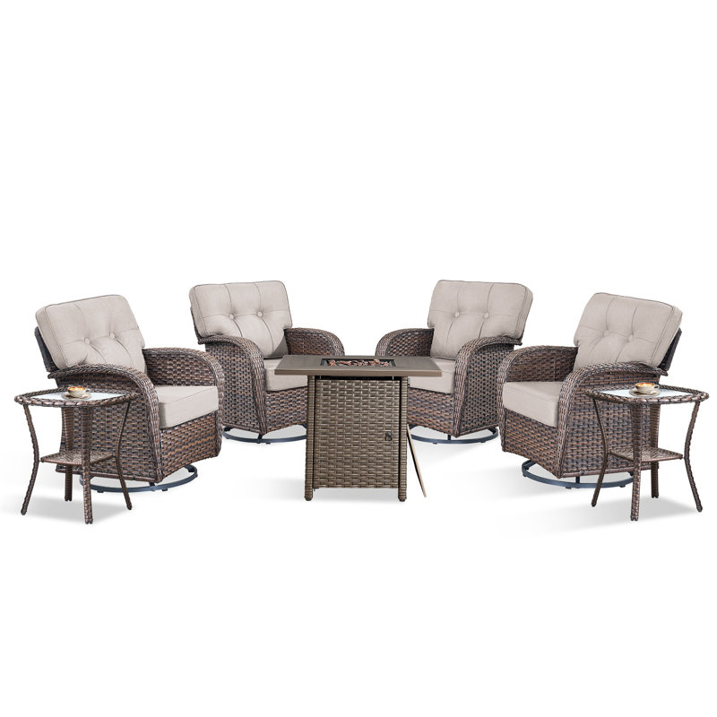 Ensemble de conversation d'extérieur rotatif en rotin 7 pièces avec coussins et table de foyer d'extérieur Fiorillo, Beige