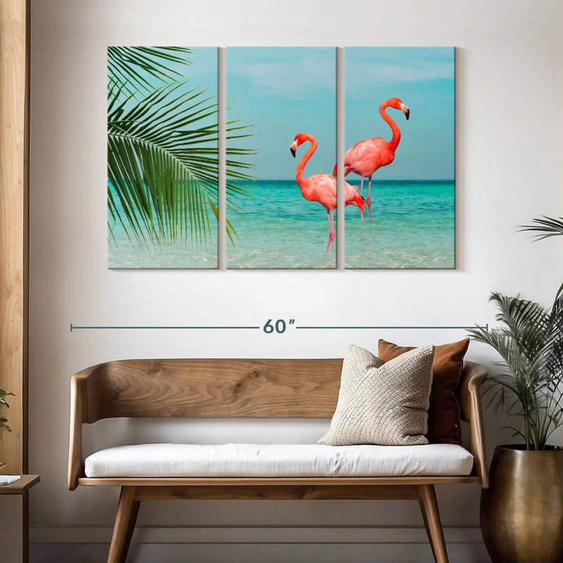 Flamingos And Coconut Leaves, 32" H x 50" W