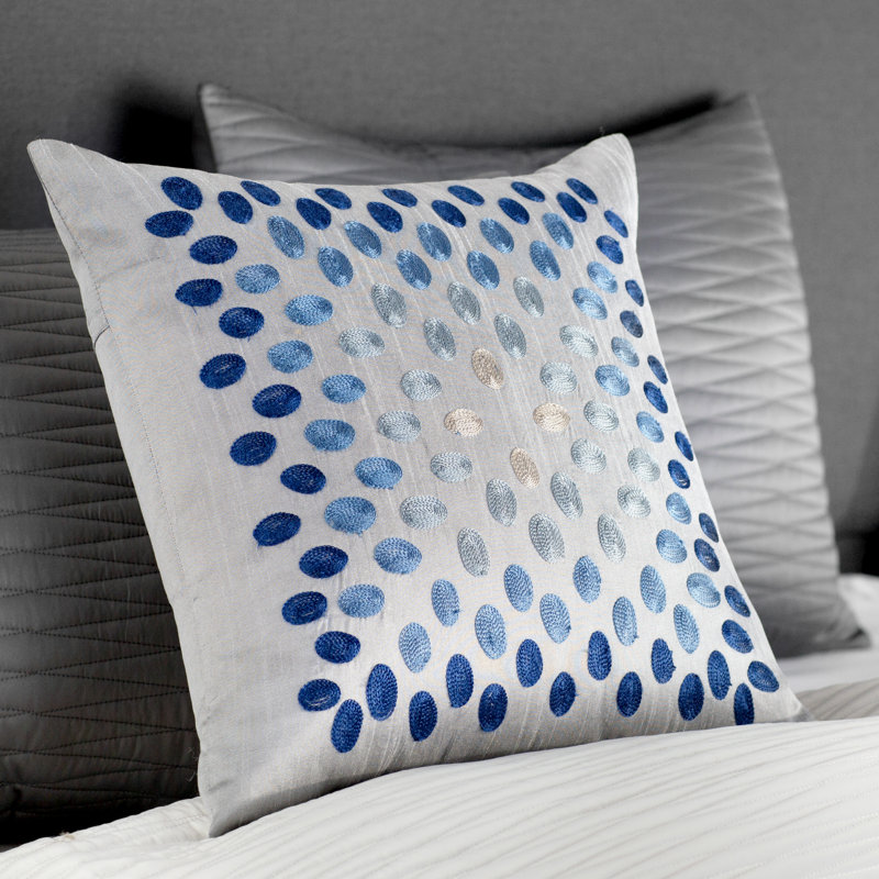 Blue and Gray Embroidered Dotted Square Throw Pillow