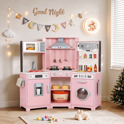 Multi-Function Kids Kitchen, Wooden Pretend Playset with Washing Machine, Realistic Range Hood, Ice Maker & Ample Storage for Endless Role Play(pink)