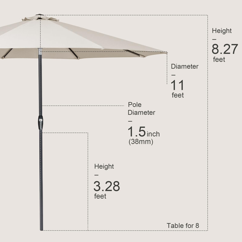 Parasol de 3,35 m (11 pi) avec inclinaison automatique, 8 baleines robustes et mât en aluminium., Gruau