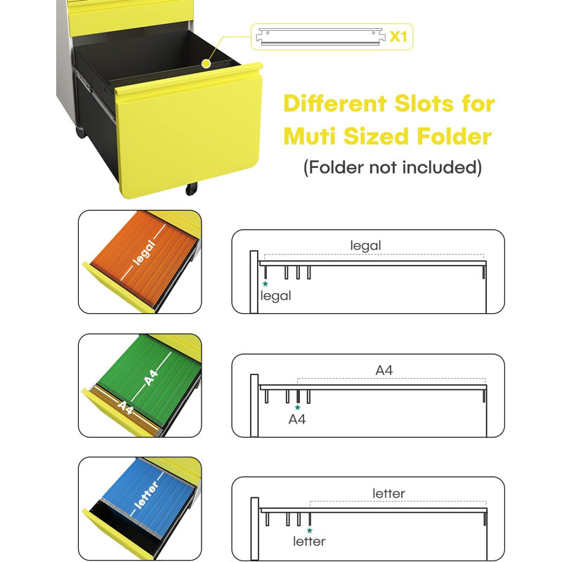 3 Drawer File Cabinet, Metal Filing Cabinets with Lock Wheels, Anti-tilt Under Desk Design (No Assembly Required)