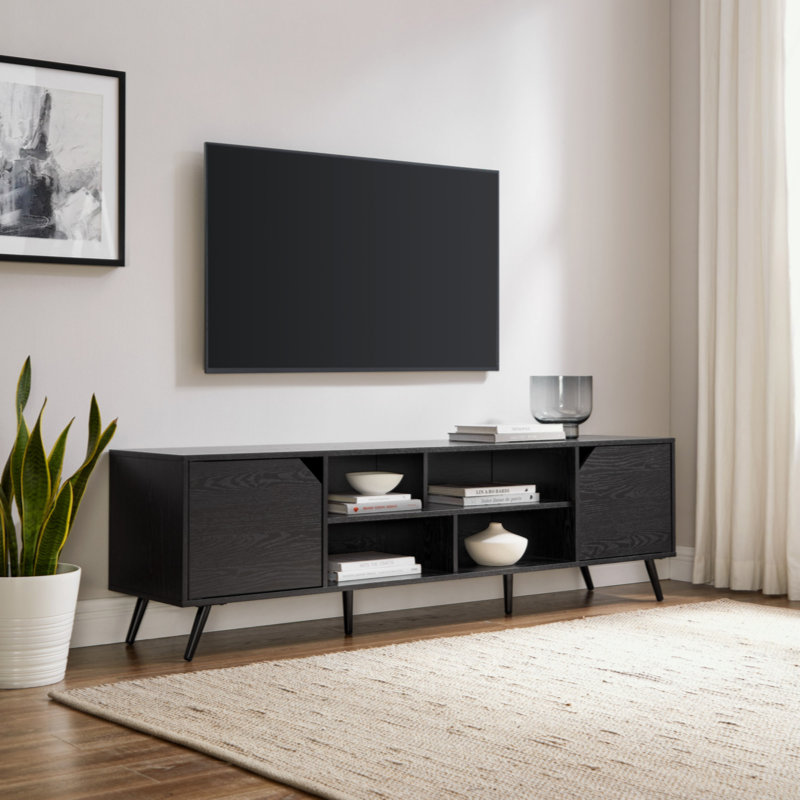 Meuble télé minimaliste à 2 portes avec rangement ouvert, Noir, L 70 po