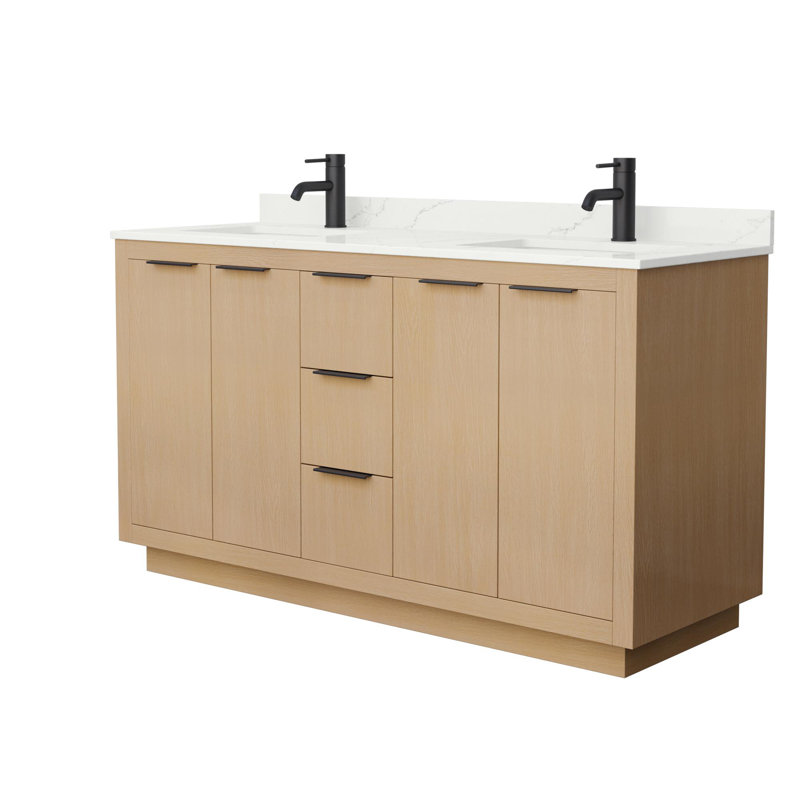Meuble-lavabo double 60 po avec plateau en quartz Maroni, Nickel brossé, Centre de 8 po, Quartz blanc