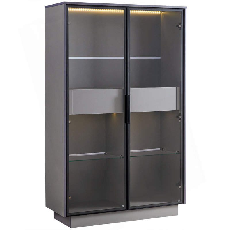 60.6'' Freestanding Glass Door Display Cabinet, Bookcase With 2 Storage Drawers, Pantry With LED Lighting And Adjustable Shelves, For Hallways, Kitchen, Livingroom & Office - Grey