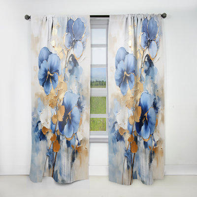 Amaker Blue And Gold Minimalism Pansy Radiance Bouquet I - Traditional Velvet Curtain - 1 panel