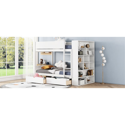 Lit simple au-dessus d'un lit superposé blanc avec tiroirs et espace de rangement - lit confortable à assembler inclus
